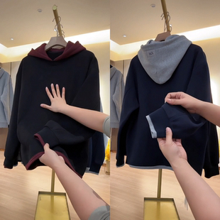 极简风假两件撞色连帽加绒男款卫衣冬季上新运动休闲日常穿搭打底