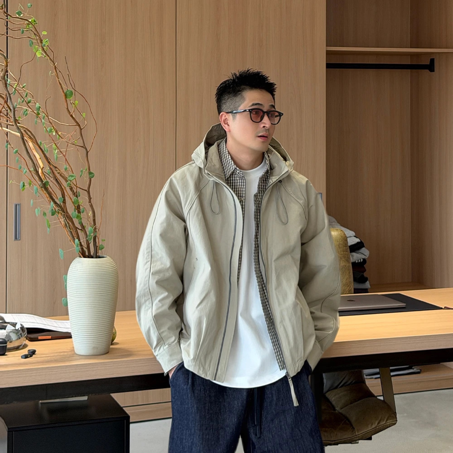 秋冬潮流日系连帽假两件工装夹克