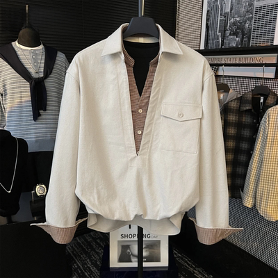 假两件层次感拼接格纹男士衬衫