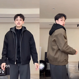 设计感假两件连帽时尚保暖夹克冬季拼接高品质男士百搭加厚外套潮