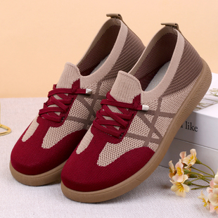 春夏女鞋休闲飞织布鞋女软底透气妈妈鞋轻便舒适一脚蹬红色单鞋女