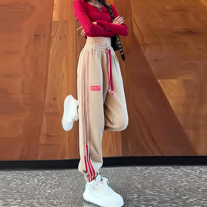 运动裤女春秋2025新款裤子竖条纹撞色束脚哈伦裤高腰显瘦休闲卫裤