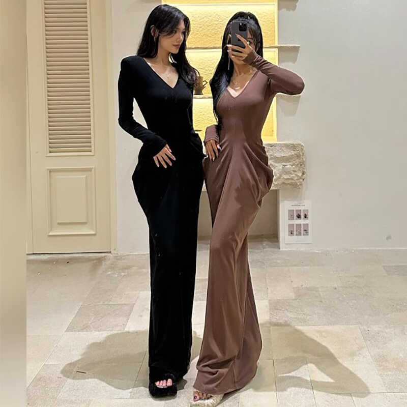 包臀裙V领气质长裙性感连衣裙