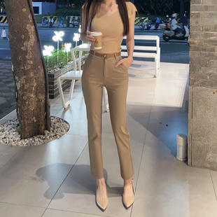 西装裤女春夏新款卡其色裤子小脚铅笔裤高腰显瘦烟管裤休闲九分裤