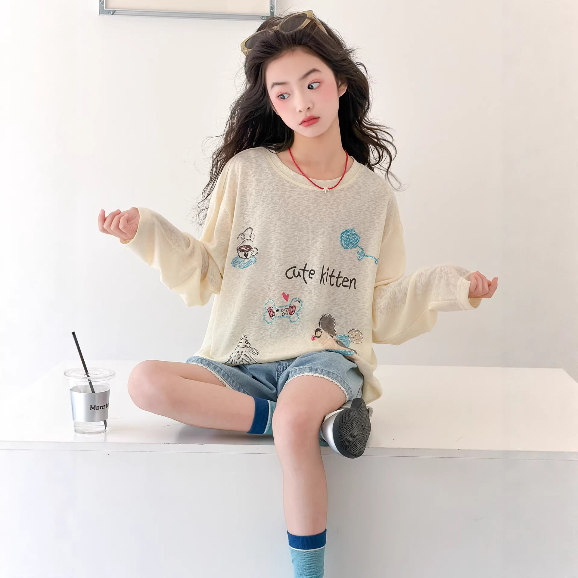 女童烫钻长袖防晒t恤夏季2026新款儿童洋气时髦夏装大童薄款上衣图片
