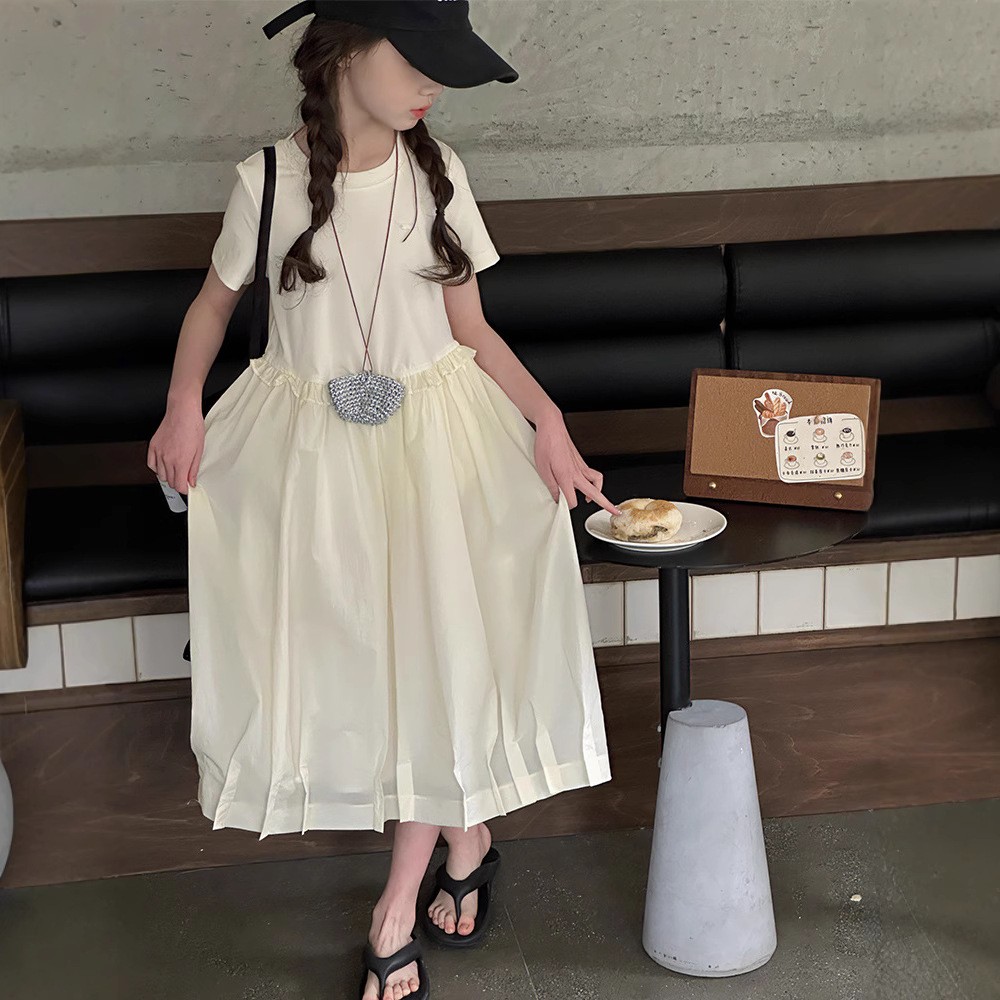 女童赫本风连衣裙2025夏装新款洋气中大童纯色短袖公主裙时尚长裙