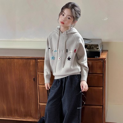 女童毛衣秋冬款2025新款儿童冬装大童洋气线衫加厚连帽套头针织衫