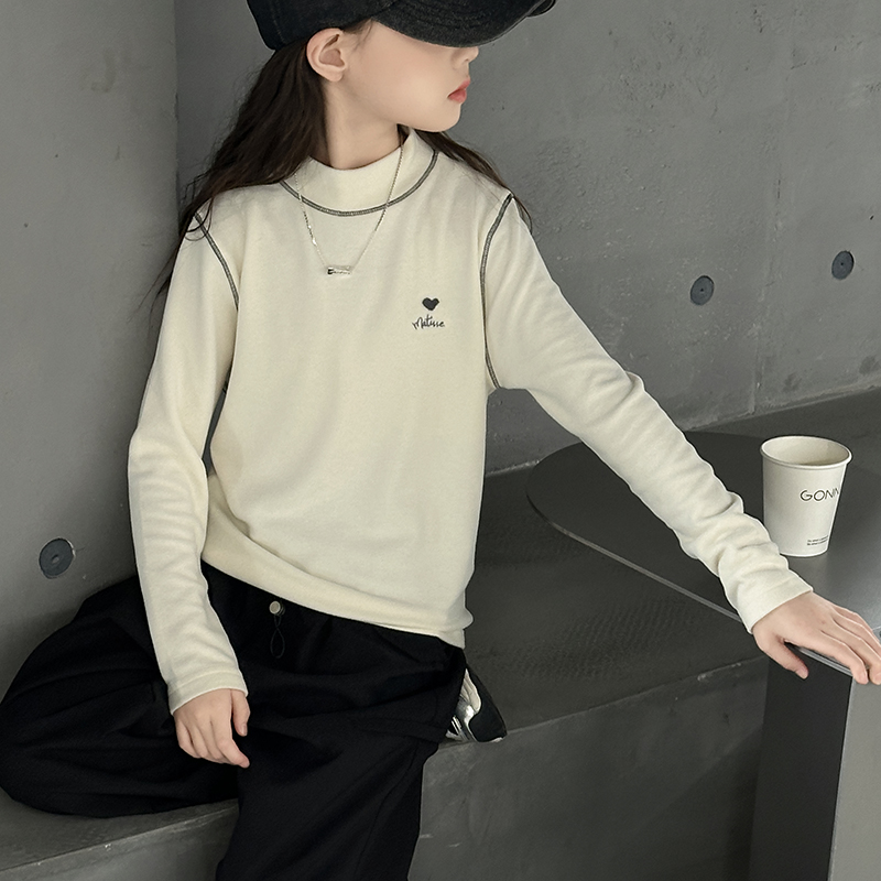 女童长袖T恤秋冬款2025新款儿童半高领上衣女大童加厚磨毛打底衫