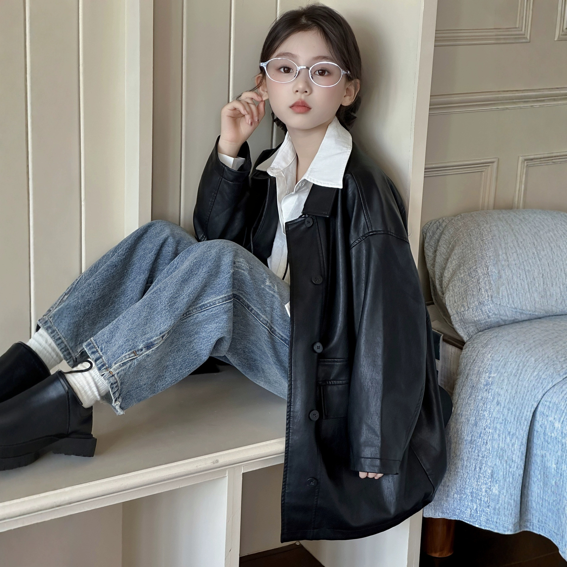 女童中长款皮衣外套2025秋装新款洋气网红女大童春秋儿童夹克上衣