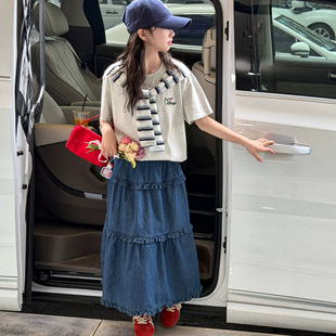 女童夏装套装2026新款儿童夏季大童披肩短袖T恤牛仔半身裙两件套