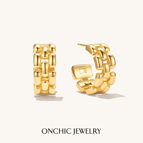 onchic简约C字金属编织纹耳钉