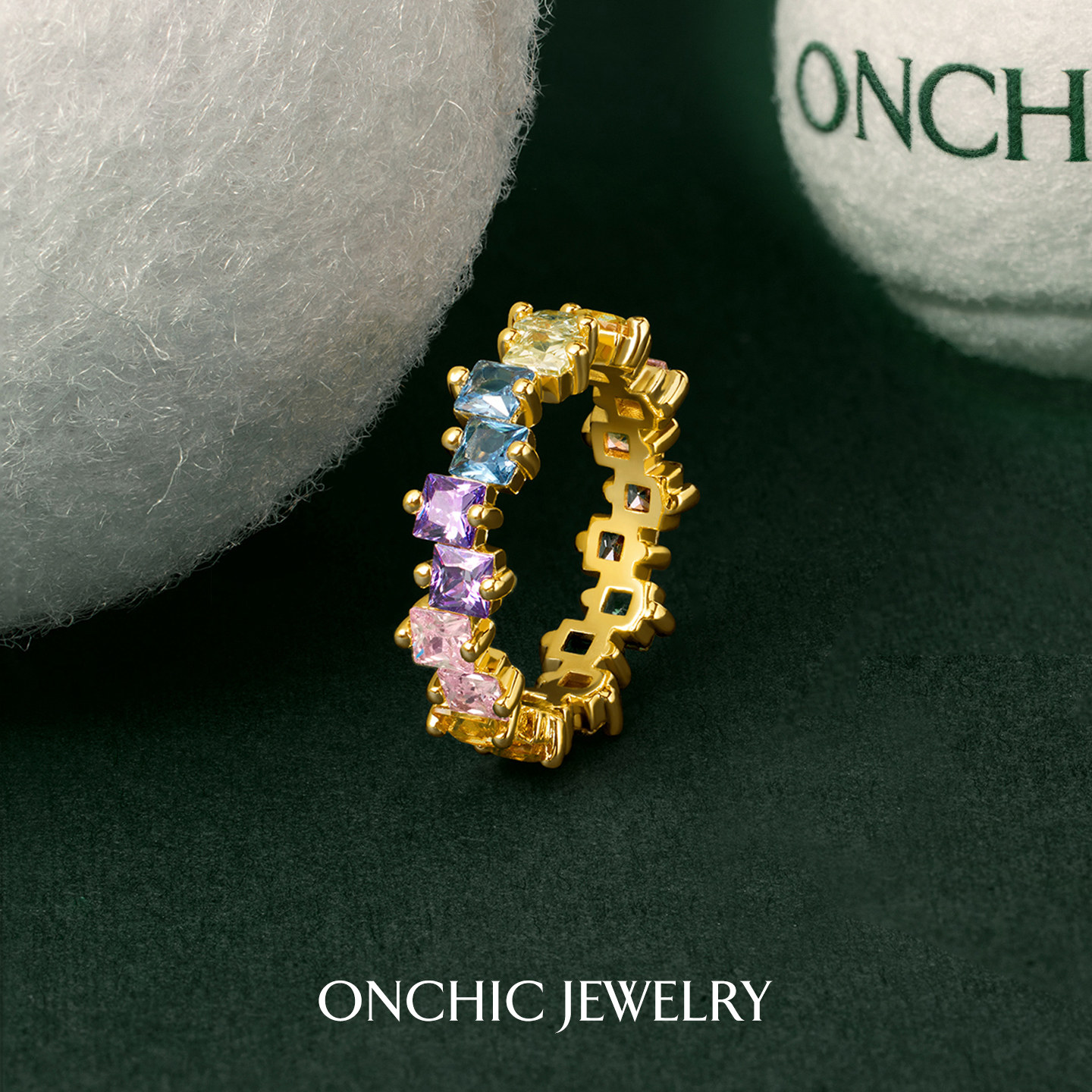 Onchic彩虹方糖戒指女款装饰尾戒时尚轻奢高级镶嵌彩色金排戒食指