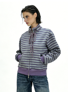 半岛铁锤美式复古紫色条纹立领加绒卫衣女男宽松休闲秋冬拉链开衫