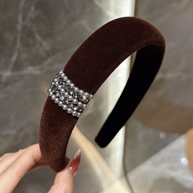 杨杨babytime赵露思美拉德焦糖咖棕色丝绒水晶珍珠发箍高颅顶洋气