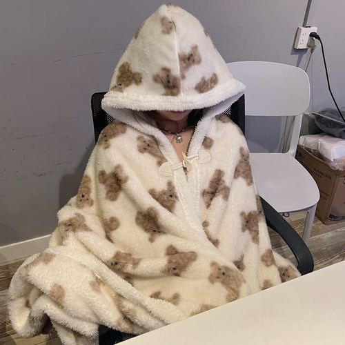 呼呼熊简约格子午睡连帽毯