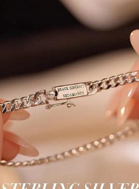 S925银情侣款方块英文古巴链手链简约个性男女表白礼物手饰