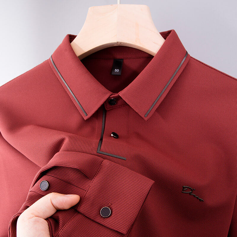 男士POLO衫长袖t恤中年爸爸红色春秋装喜公公婚宴结婚礼服上衣服