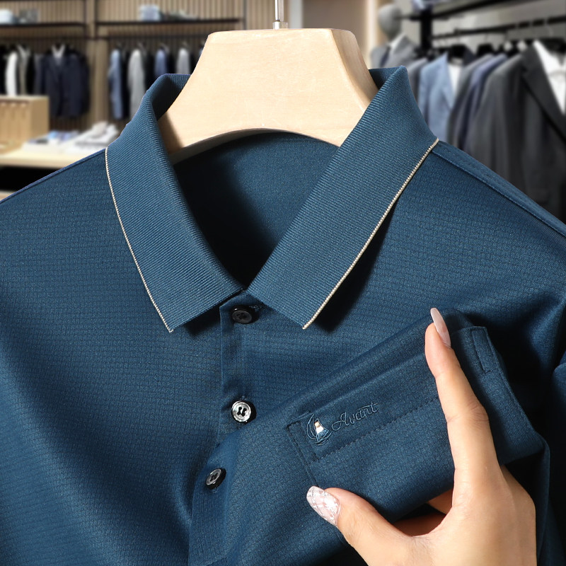 男士长袖t恤POLO衫中老年爸爸春秋装带领有口袋兜上衣服秋衣外穿