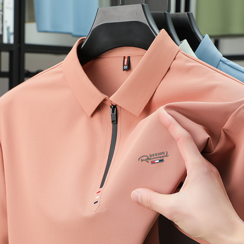 男士夏季新款红色短袖T恤爸爸装婚宴半翻领拉链冰感polo衫上衣服