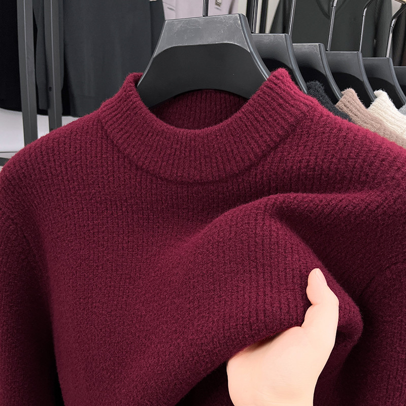 2025蛇年男士秋冬季红色半高领毛衣针织衫爸爸装本命年打底上衣服