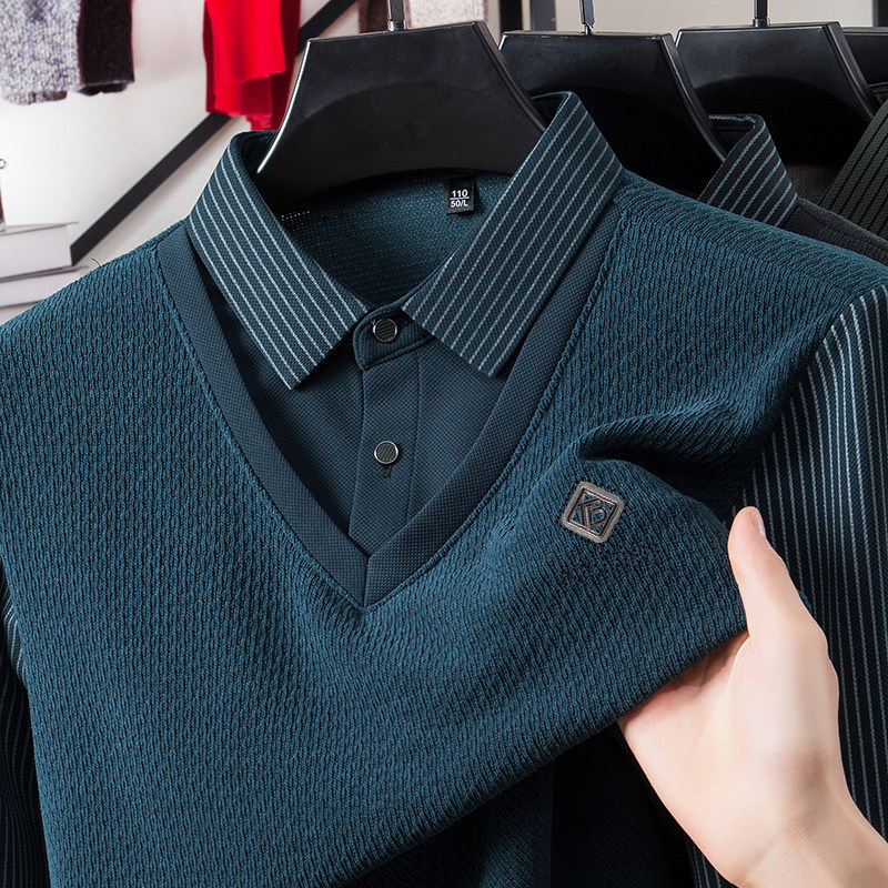 男士毛衣打底针织衫秋冬季上衣爸爸真假两件加绒加厚保暖内衣毛衣