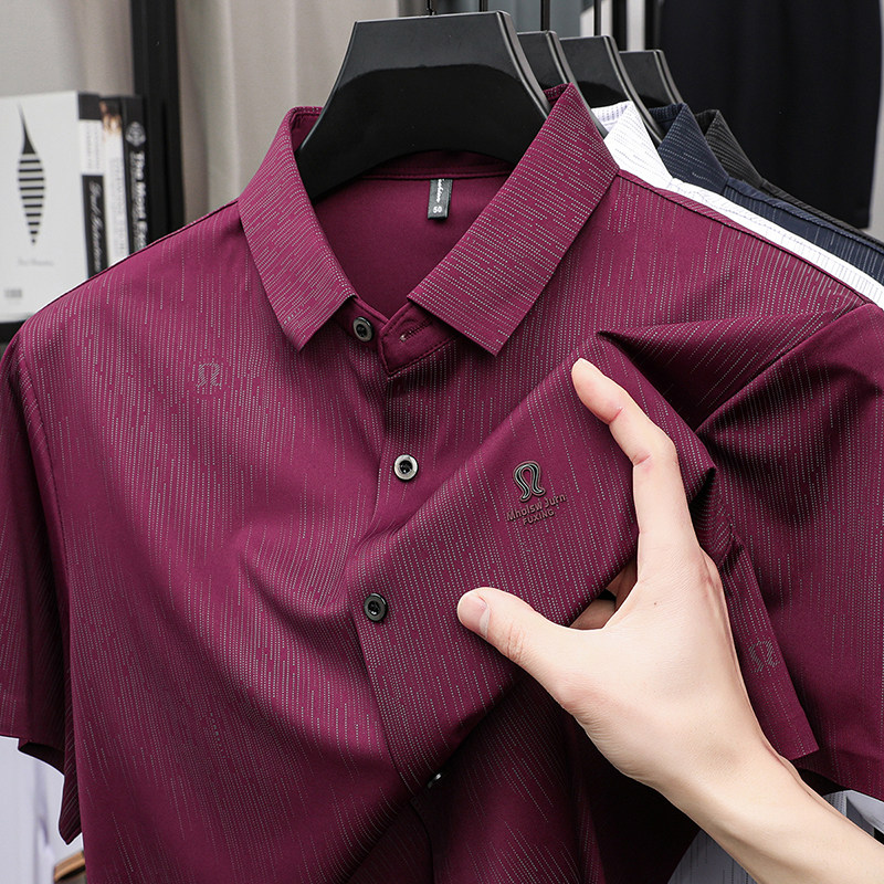 男士夏季新款红色短袖衬衫爸爸装本命年婚宴冰丝无痕商务寸衣上衣