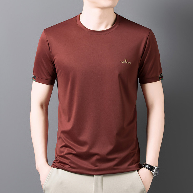 桑蚕丝~夏季新款红色男士短袖T恤爸爸装本命年婚宴婚礼圆领上衣服