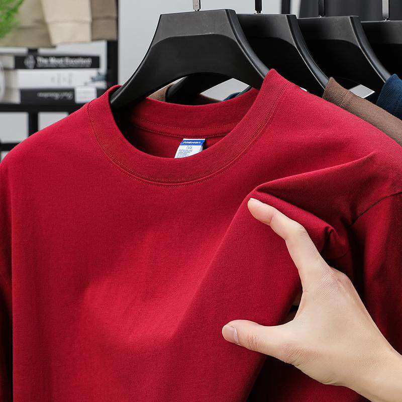男士红色t恤长袖卫衣春秋季新款圆领中年爸爸装纯棉本命年上衣服