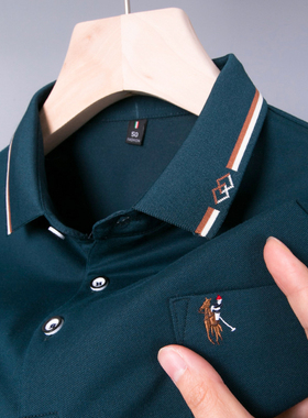 男士短袖T恤爸爸夏装有带口袋冰丝光棉天丝polo衫父亲上衣服plol