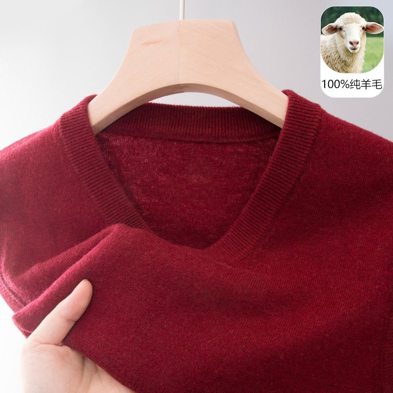 中年男士红色马甲爸爸装毛衣秋冬季新款龙年本命年100纯羊毛背心