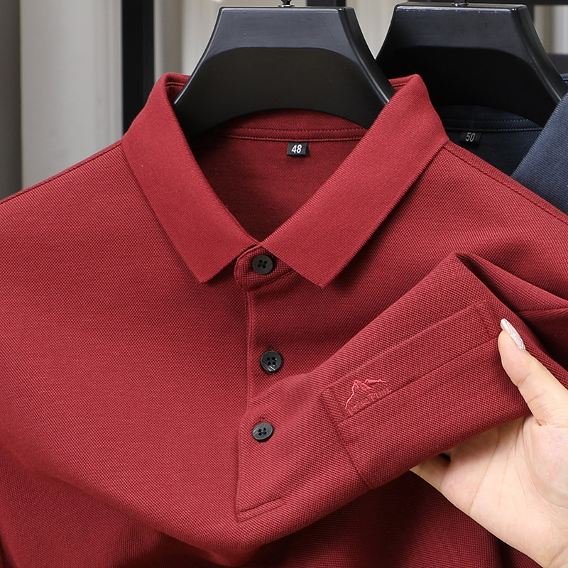 男士长袖POLO衫中年爸爸春秋装上衣带口袋喜公公红色本命年结婚宴