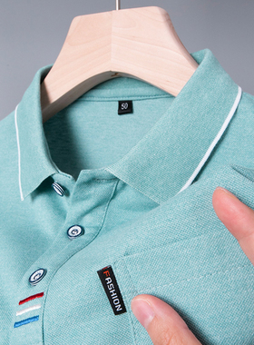 中年男士T恤爸爸夏装有兜带口袋冰丝polo衫父亲poro上衣服土plol