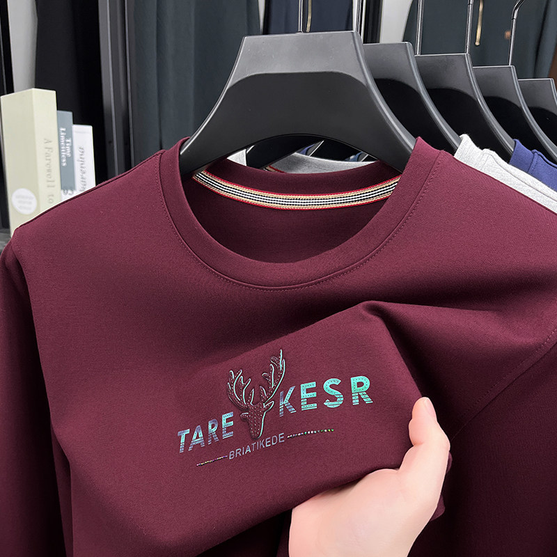 男士红色长袖T恤春秋季新款中年爸爸装本命年打底上衣服圆领卫衣