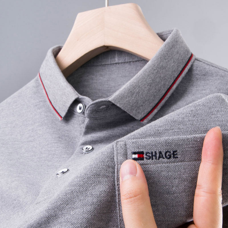 中年爸爸春秋装有翻有带领真口袋新款纯棉男士长袖T恤上衣