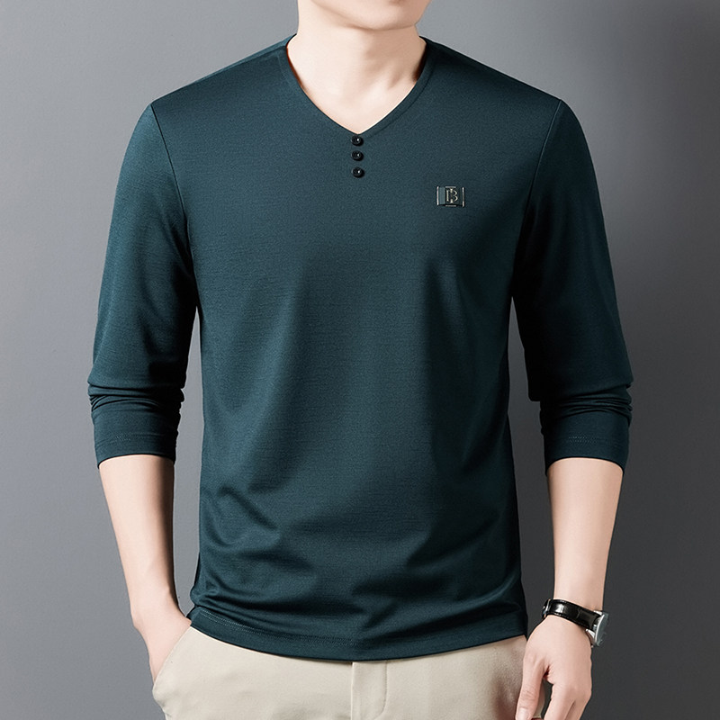 男士春秋季冰丝长袖t恤2025新款中年爸爸装V领凉感polo衫轻奢上衣