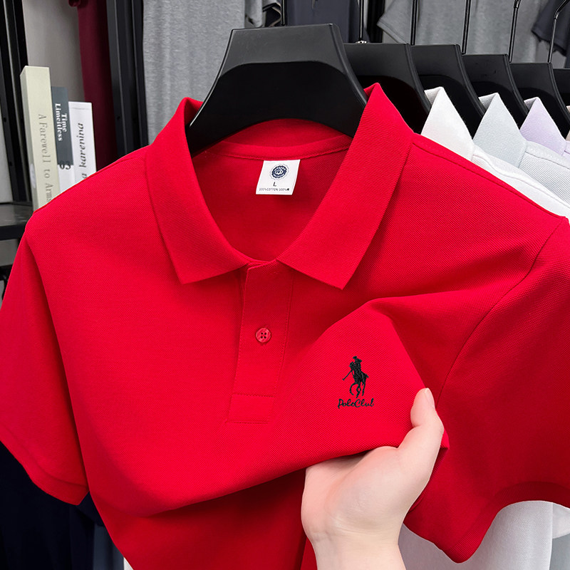 100%纯棉~男士新款红色翻领短袖T恤爸爸夏装婚宴本命年polo衫上衣