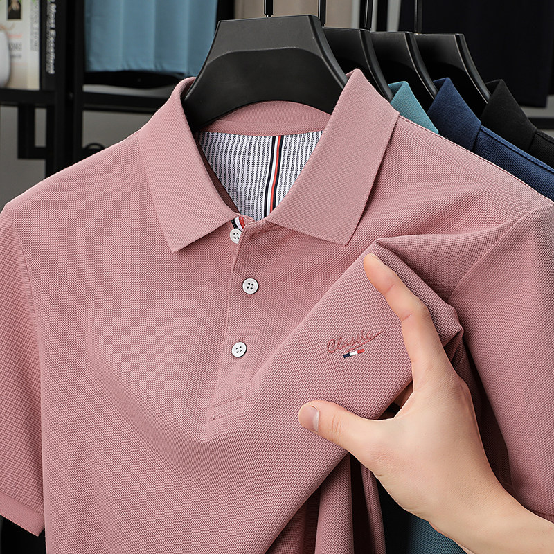 2025男士夏季新款粉红色短袖T恤中年爸爸装翻领显年轻polo衫上衣