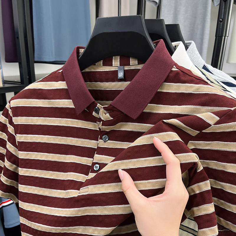 男士夏季新款条纹酒红短袖T恤爸爸装冰丝婚宴polo衫本命年上衣服