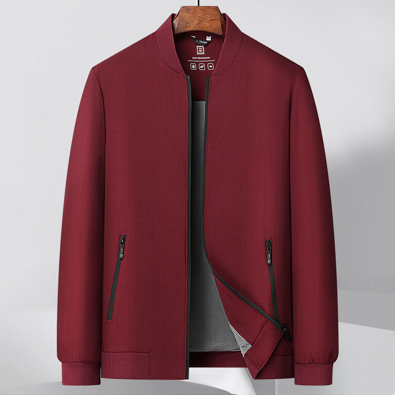 男士洒红色春秋季新款棒球领夹克中年爸爸装本命年结婚宴婚礼外套