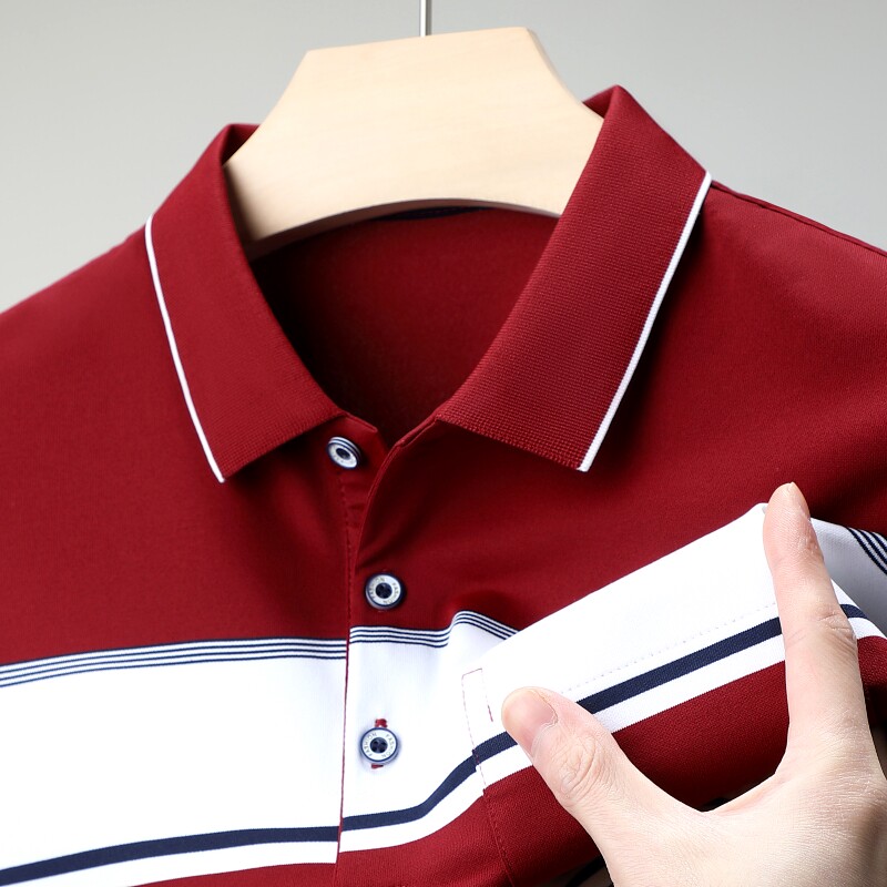 男士POLO衫红色短袖t恤真口袋爸爸夏装冰丝条纹本命年婚宴上衣服