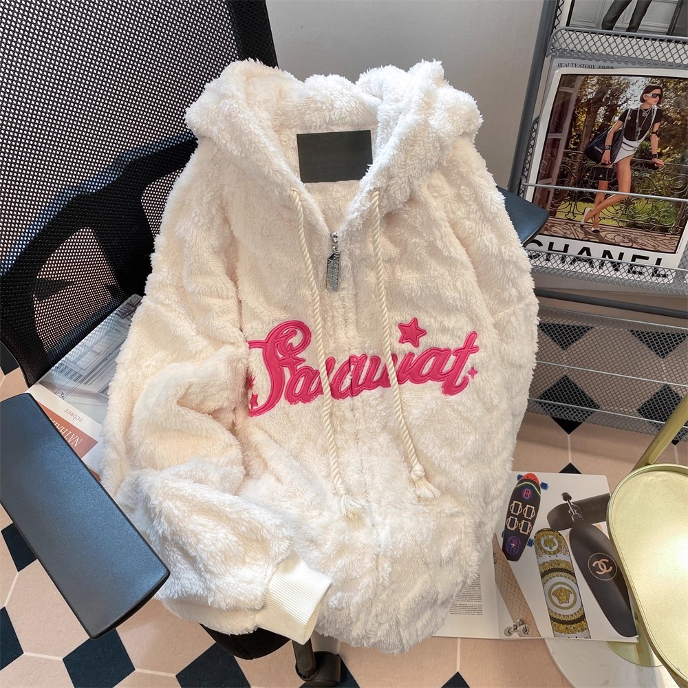 美式复古羊羔毛绒加厚连帽棉服女