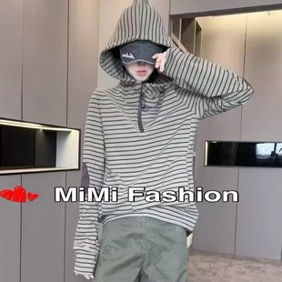 胖mm300斤条纹连帽t恤女时尚 新款 减龄半拉链上衣潮 秋季 欧洲站大码