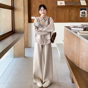 套装 阔腿裤 三件套女早春秋胖mm300斤 设计感卫衣条纹马甲衬衫 大码