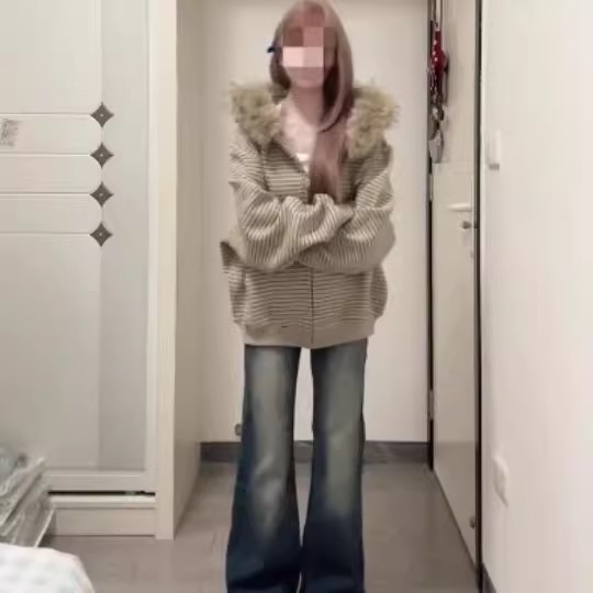 大码美式复古条纹连帽卫衣外套女