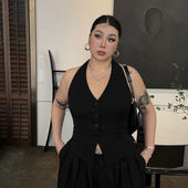 300斤大码 胖mm辣妹黑色挂脖吊带背心女秋冬修身 显瘦开叉美背上衣