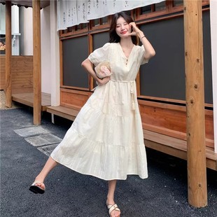 新中式 大码 甜美v领连衣裙女夏胖mm300斤设计感显瘦宽松轻熟风裙子