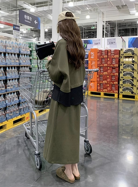 大码军绿色卫衣半身裙时尚套装女秋季胖mm300斤休闲连衣裙两件套