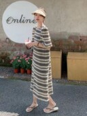 大码 300斤胖mm小香风条纹连衣裙女夏季 遮肚子减龄显瘦休闲T恤长裙