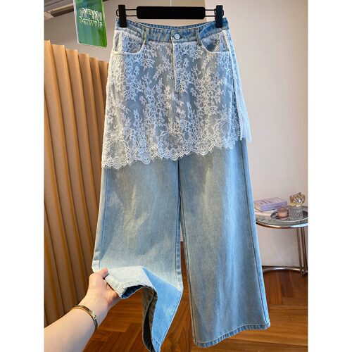 夏季屁帘牛仔裤女显瘦阔腿长裤子
