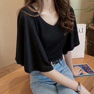 大码300斤短袖t恤女夏季韩版胖mm宽松显瘦荷叶袖百搭V领上衣ins潮